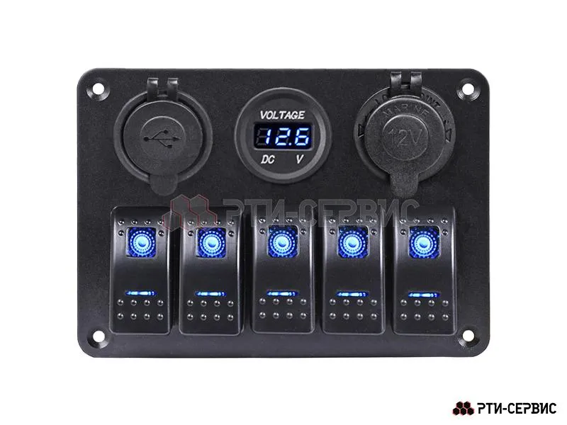 Панель из 5 переключателей с разъёмами 12V (прикуриватель), 2 USB (2.1A + 1A), вольтметр 12-24В