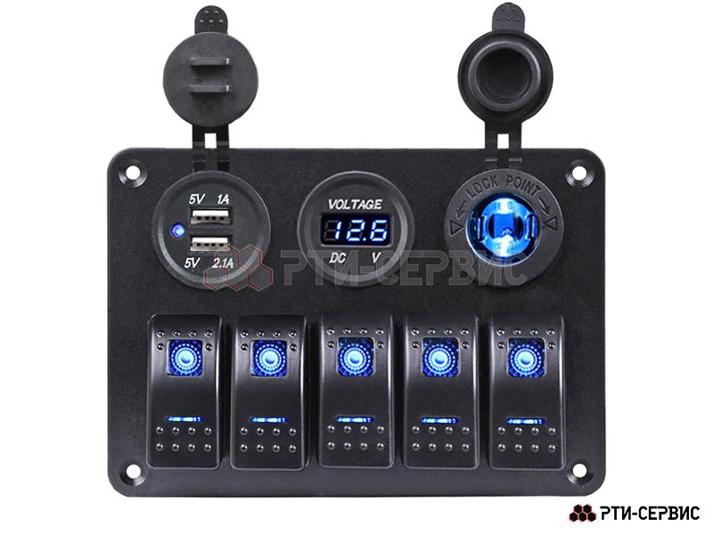 Панель из 5 переключателей с разъёмами 12V (прикуриватель), 2 USB (2.1A + 1A), вольтметр 12-24В - фото 2