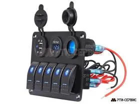 Панель из 5 переключателей с разъёмами 12V (прикуриватель), 2 USB (2.1A + 1A), вольтметр 12-24В - фото 3